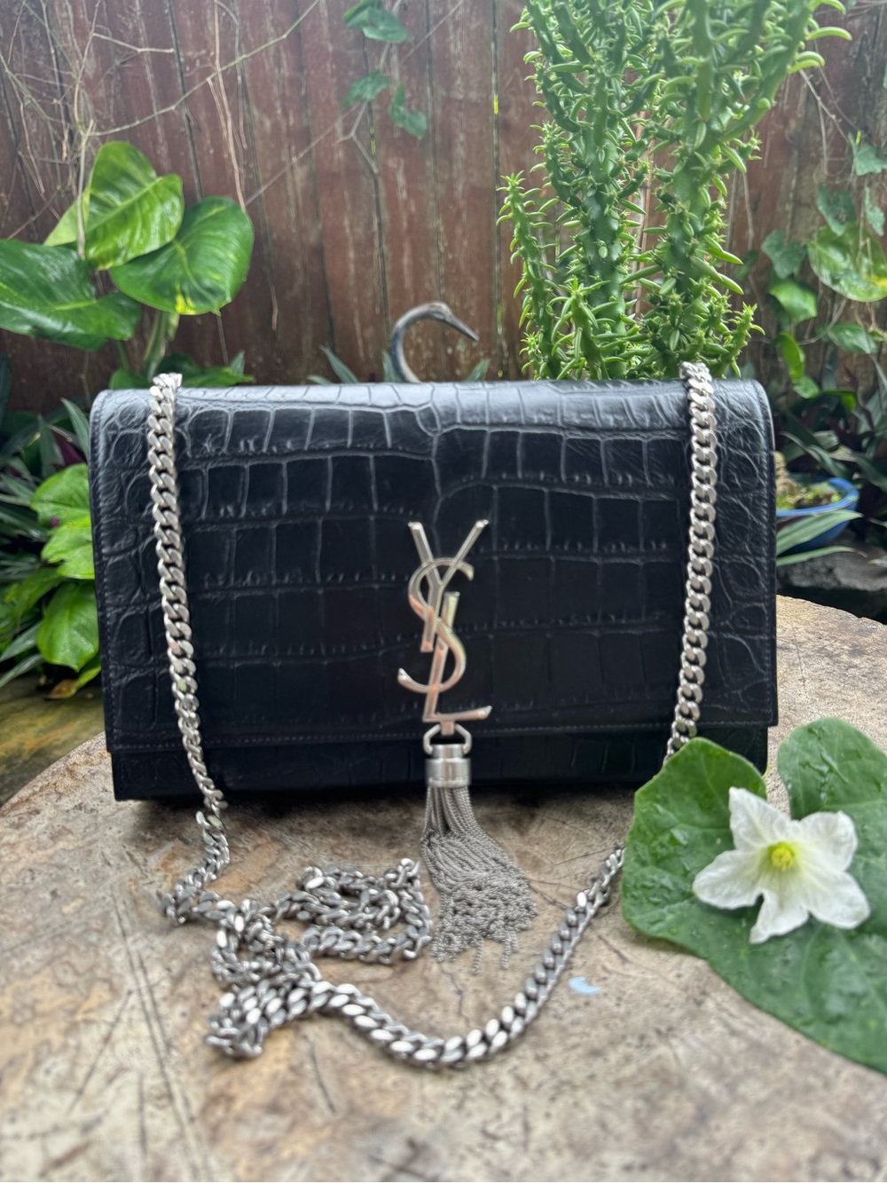 Yves Saint Laurent Black Croc-Embossed Chain Shoulder Bag with Tassel Logo